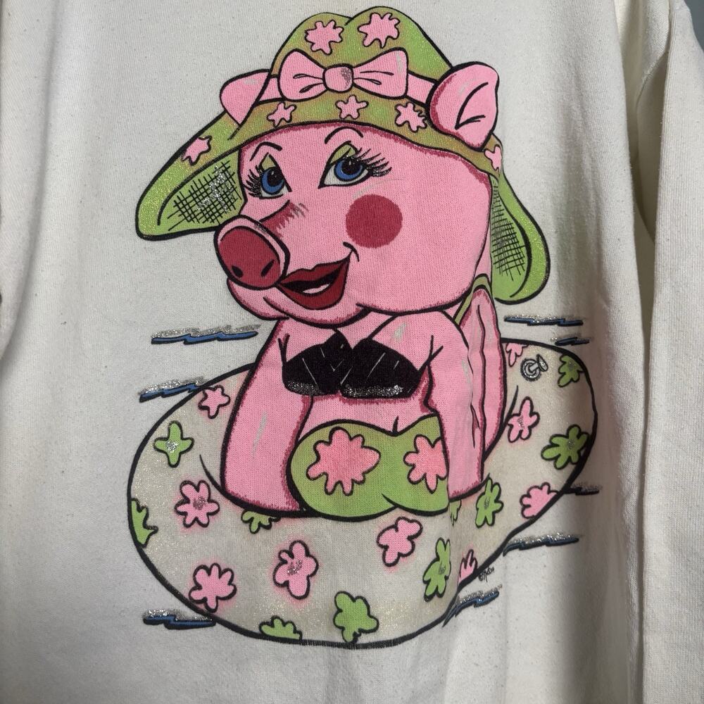 Vintage 80s Tultex Piggy Bathing Pool Float Sweatshirt Humor White Large Cottage